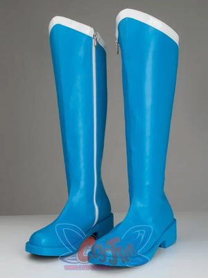 Sailor Mercury Ami Mizuno cosplay boots show bright blue faux leather shafts rising above low heels