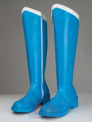 Sailor Mercury Ami Mizuno cosplay boots show bright blue faux leather shafts rising above low heels