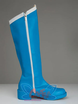 Sailor Mercury Ami Mizuno cosplay boot side detail traces the white zipper along the blue shaft