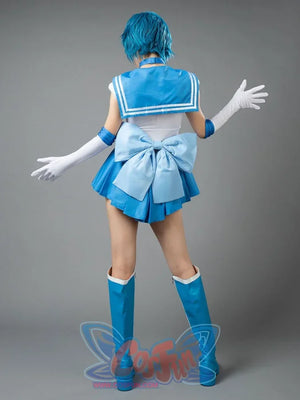 Sailor Mercury cosplay costume action pose lets the blue pleated skirt fan below the sailor bodice