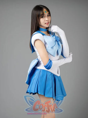 Sailor Mercury cosplay costume angled pose frames the white bodice between gloves and blue skirt folds