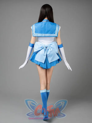 Sailor Mercury cosplay costume back view layers the blue collar above a large waist bow