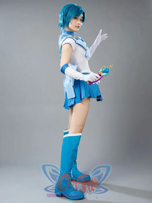 Sailor Mercury cosplay costume front pose balances the pale blue chest bow above crisp pleats