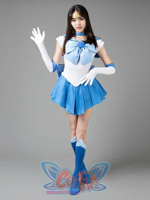 Sailor Mercury cosplay costume front view centers a pale blue bow above the bright pleated skirt