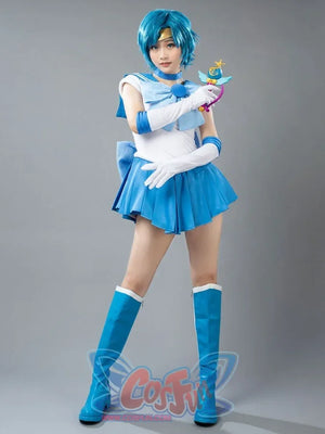 Sailor Mercury cosplay costume full front view sets the pale blue bow over a bright pleated skirt