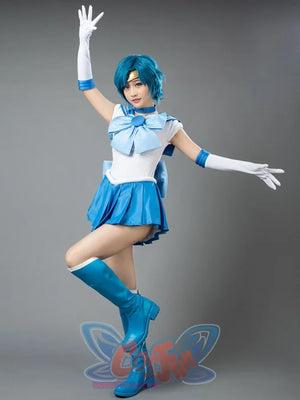 Sailor Mercury cosplay costume side action view lets blue pleats flow below the fitted bodice