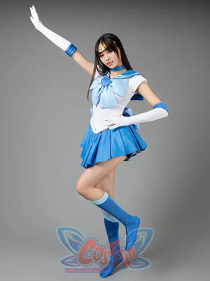 Sailor Mercury cosplay costume side profile sets the blue collar over a white bodice and pleated skirt