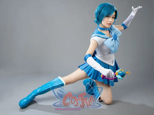 Sailor Mercury cosplay back bow detail anchors pale blue satin over the pleated skirt panels
