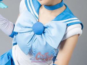 Sailor Mercury cosplay bow close-up gathers blue satin around the bright gem-like center