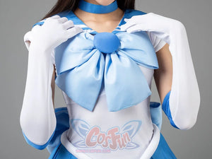 Sailor Mercury cosplay chest bow detail gathers pale blue satin beneath the gem-like center