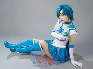Sailor Mercury cosplay collar detail frames pale blue trim above the white bodice and chest bow