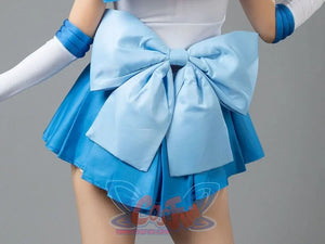 Sailor Mercury cosplay skirt pleat detail layers bright blue panels beneath the sailor bodice
