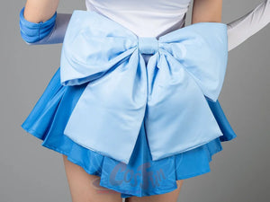 Sailor Mercury cosplay waist bow detail spreads blue satin over layered pleats of the skirt