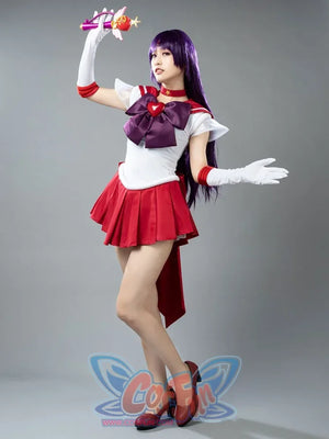 Rei Hino cosplay costume balances a white sailor bodysuit over a red pleated miniskirt anchored by purple heart bows.