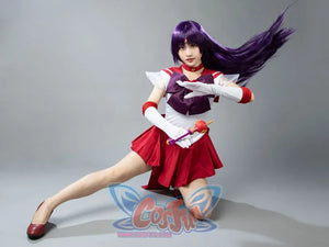 Rei Hino cosplay costume set centers a star choker above red cuffs and purple bow accessories on a red skirted look.