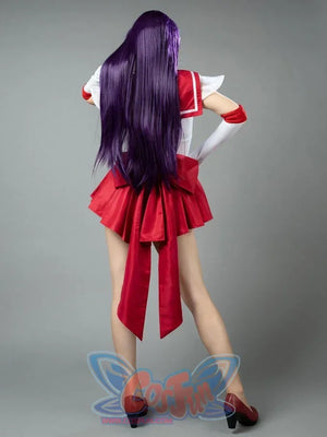 Rei Hino cosplay costume rear view traces the red sailor collar down to an oversized bow with flowing tails.