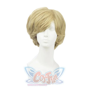 Sailor Uranus Haruka Tenoh cosplay wig layers swept bangs to the right in a short golden blonde cut.