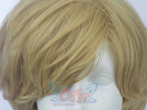 Sailor Uranus Haruka Tenoh cosplay wig centers short light blonde hair and drops soft bangs forward.