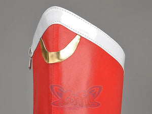 Close-up of the Sailor Moon Tsukino Usagi cosplay boot cuff, accented by white trim and a gold-tone moon