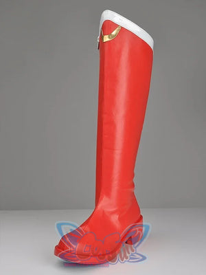 Sailor Moon Tsukino Usagi cosplay boot stands upright, the red shaft flowing into a low heel below a white cuff