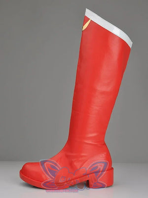 Sailor Moon Tsukino Usagi cosplay boot side profile sets a white cuff over the red shaft and block heel