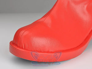 Close-up of the Sailor Moon Tsukino Usagi cosplay boot toe, shaped in smooth red faux leather