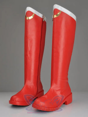 Sailor Moon Tsukino Usagi cosplay boots angle together, red faux leather rising to white cuffs edged by gold-tone moons