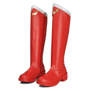 COSFUN Sailor Moon Tsukino Usagi cosplay boots set red faux leather shafts under white cuffs and gold-tone moons