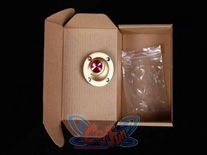 Sailor Moon Usagi Tsukino cosplay brooch back view reveals the smooth fastening side of the accessory
