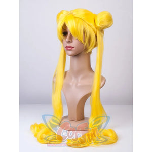 Sailor Moon Tsukino Usagi cosplay wig turns slightly, framing layered bangs above long twin ponytails