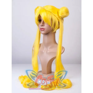 Sailor Moon Tsukino Usagi cosplay wig turns slightly, framing layered bangs above long twin ponytails