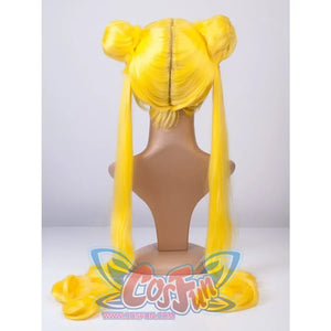 Sailor Moon Tsukino Usagi cosplay wig back view centers twin buns flowing into long yellow ponytails