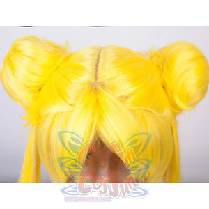 Close-up of the Sailor Moon Tsukino Usagi cosplay wig, where bright bangs frame the rounded buns
