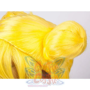 Close-up of the Sailor Moon Tsukino Usagi cosplay wig bun, wrapped smoothly over lemon yellow fibers