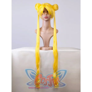 Sailor Moon Tsukino Usagi cosplay wig front view frames the face, bangs flowing into long twin tails