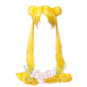 Sailor Moon Tsukino Usagi cosplay wig piece pairs round buns above yellow ponytails curling at the ends