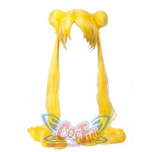 Sailor Moon Tsukino Usagi cosplay wig piece pairs round buns above yellow ponytails curling at the ends
