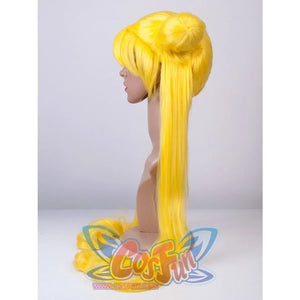 Sailor Moon Tsukino Usagi cosplay wig side profile sets a rounded bun above the long yellow ponytail