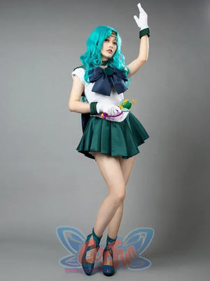 Sailor Neptune cosplay costume angled pose balances the navy chest bow above a deep green skirt