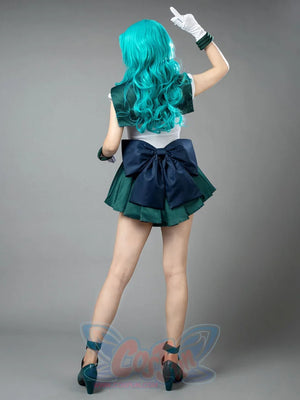 Sailor Neptune cosplay costume back view layers a large navy waist bow over the green pleated skirt