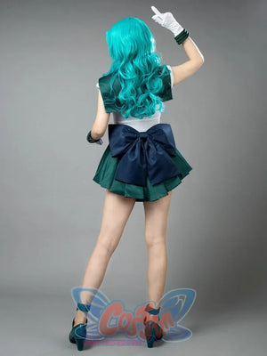 Sailor Neptune cosplay costume back view layers a large navy waist bow over the green pleated skirt