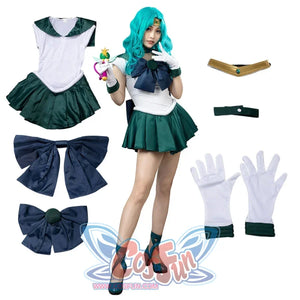 Sailor Neptune cosplay costume flat lay centers the green dress, framed by navy bows, white gloves, choker and headband