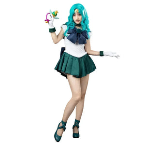 COSFUN Sailor Neptune cosplay costume front pose sets a white bodice above green pleats and a navy bow