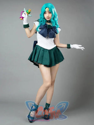Sailor Neptune cosplay costume full front view frames the navy chest bow above a green pleated skirt