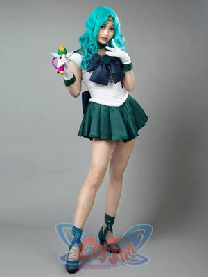 Sailor Neptune cosplay costume front pose frames the navy bow between white gloves and dark green cuffs