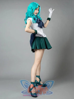 Sailor Neptune cosplay costume side profile sets a white bodice over green pleats, framed by navy accents