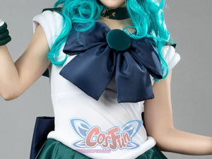 Sailor Neptune cosplay chest bow detail gathers navy satin beneath the green gem-like center