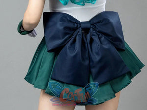 Sailor Neptune cosplay waist bow detail spreads navy satin over layered green skirt pleats