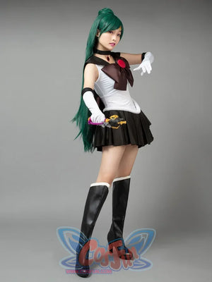 Sailor Moon Sailor Pluto Meiou Setsuna cosplay costume angled view frames the white bodice above black pleats