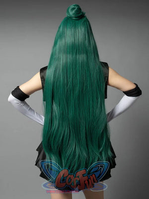 Sailor Moon Sailor Pluto Meiou Setsuna cosplay costume back view lets long green hair flow over the skirt